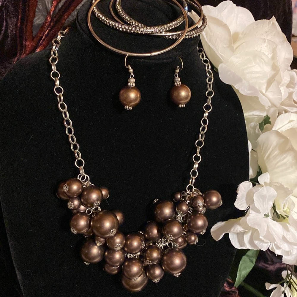 CG Brown Beaded Statement Necklace Set w/ Earrings & 4 Bangles | Boho Glam